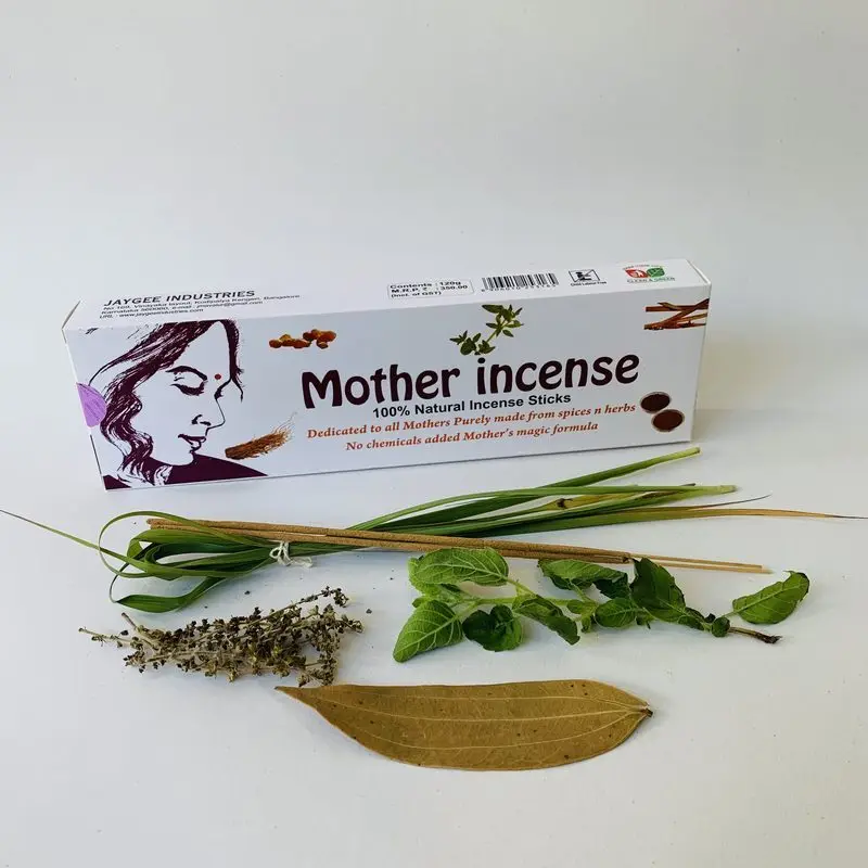 Mother Incense 120g box with fresh home-grown herbs — lemongrass, tulsi and bay leaf