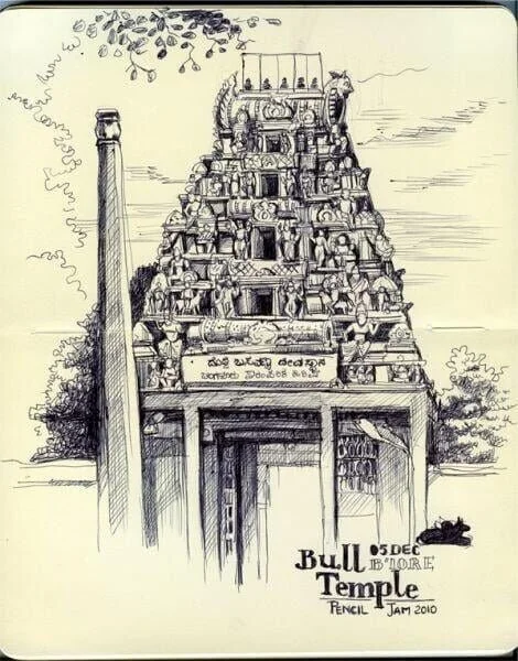 Bull Temple Bangalore — pencil illustration of the ancient Dodda Basavanna temple