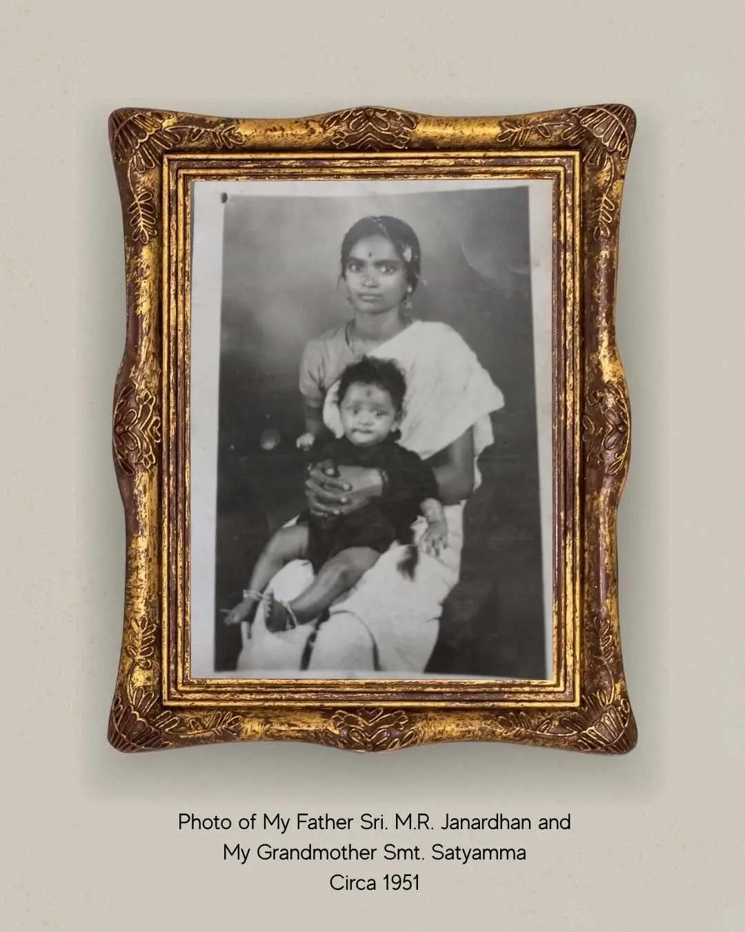 Sri. M.R. Janardhan as an infant with his mother Smt. Satyamma, Circa 1951